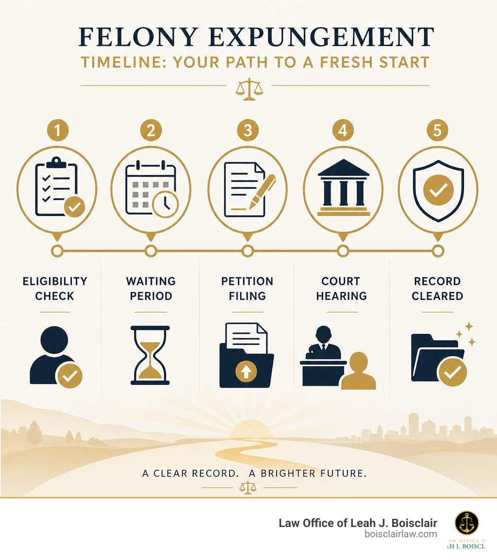 Felony expungement timeline infographic: eligibility check, waiting period, petition filing, court hearing, record cleared Felony expungement timeline infographic: eligibility check, waiting period, petition filing, court hearing, record cleared