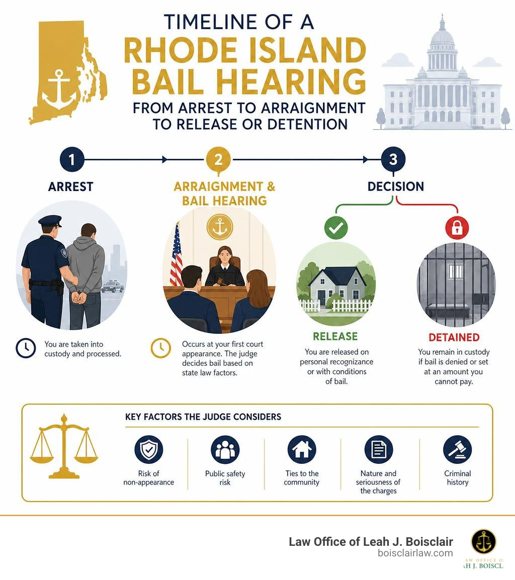 Timeline of a Rhode Island bail hearing from arrest to arraignment to release or detention infographic