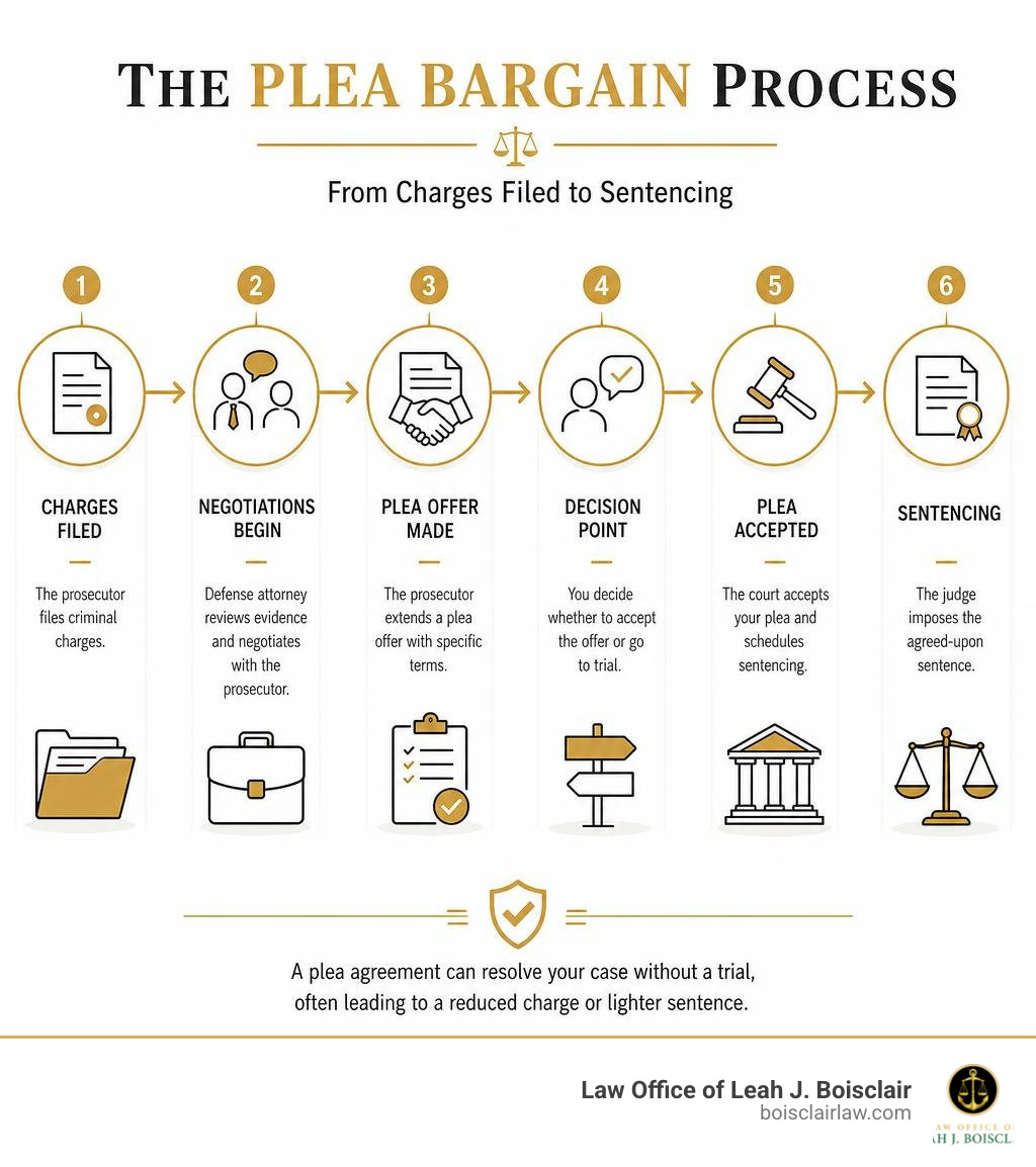 infographic showing the plea bargain process steps from charges filed to sentencing infographic