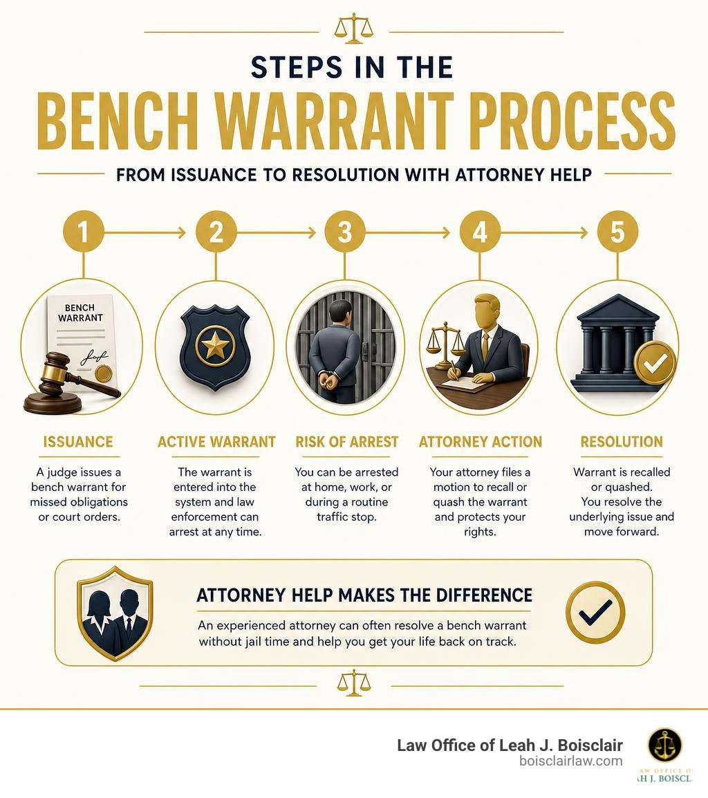 Steps in the bench warrant process from issuance to resolution with attorney help infographic