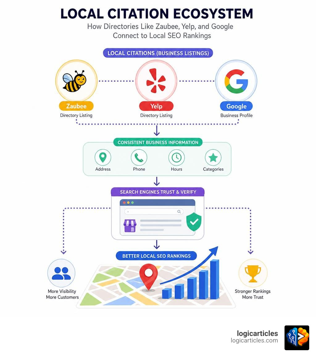 Local citation ecosystem showing how directories like Zaubee, Yelp, and Google connect to local SEO rankings infographic Local citation ecosystem showing how directories like Zaubee, Yelp, and Google connect to local SEO rankings infographic