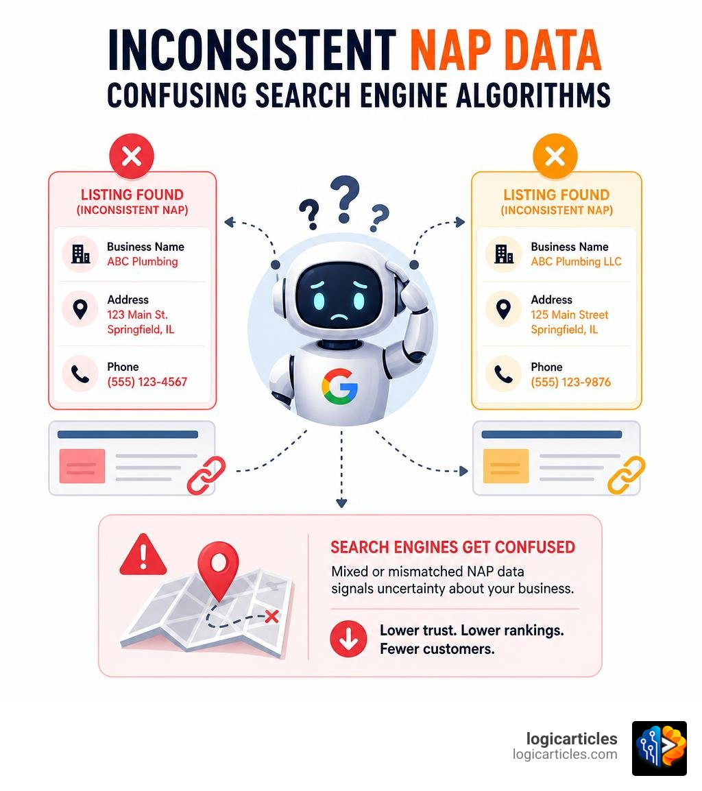 Inconsistent NAP data confusing search engine algorithms infographic Inconsistent NAP data confusing search engine algorithms infographic