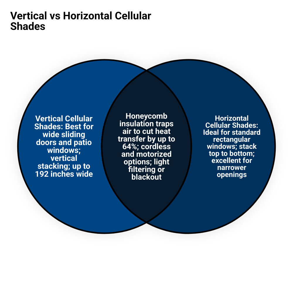 Infographic comparing vertical vs horizontal cellular shades: orientation, ideal use, size range, and stack options Infographic comparing vertical vs horizontal cellular shades: orientation, ideal use, size range, and stack options