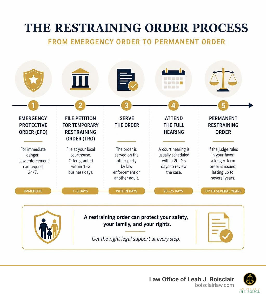Infographic showing the restraining order process from emergency order to permanent order with timelines and key steps Infographic showing the restraining order process from emergency order to permanent order with timelines and key steps