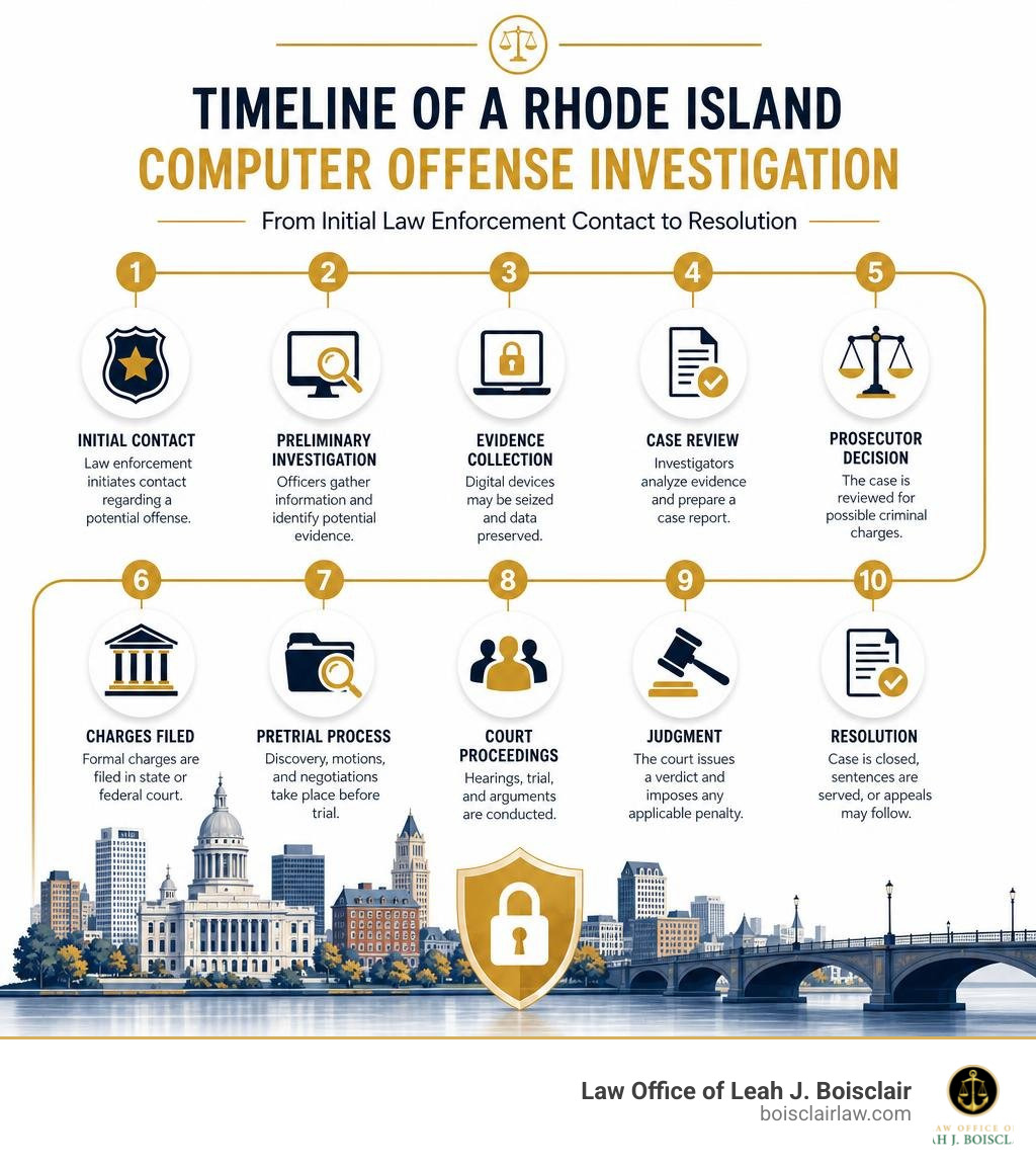 Timeline of a Rhode Island computer offense investigation from initial law enforcement contact to resolution infographic