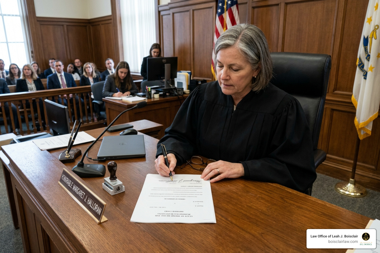 Rhode Island judge signing a formal dismissal order in court
