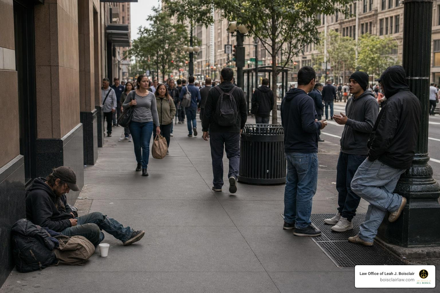 A public sidewalk in a busy city center where public order offenses are frequently charged