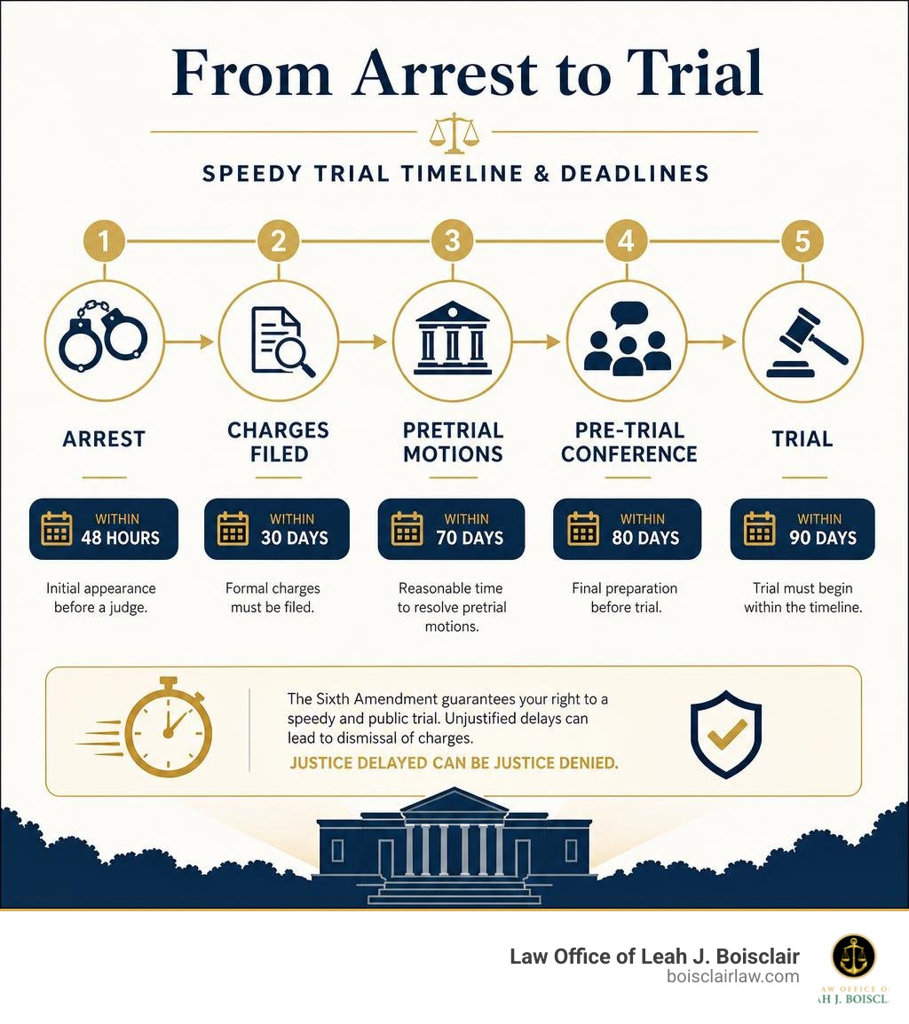 Timeline infographic showing stages from arrest to trial with speedy trial deadlines at each stage infographic