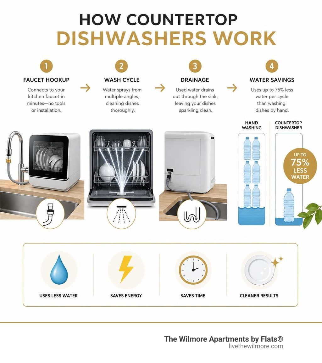 Infographic showing how countertop dishwashers work: faucet hookup, wash cycle, drainage, and water savings vs hand washing