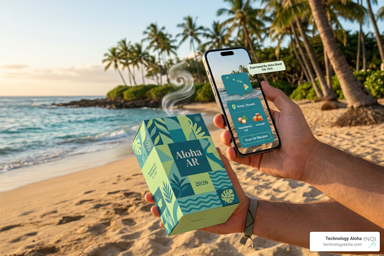 interactive AR packaging design using brand colors #208a9d and #abe080 on a Hawaiian beach background with palm trees, dated interactive AR packaging design using brand colors #208a9d and #abe080 on a Hawaiian beach background with palm trees, dated