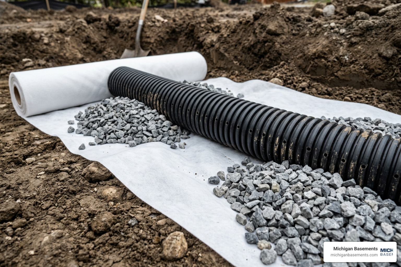 French drain materials including perforated pipe and geotextile fabric
