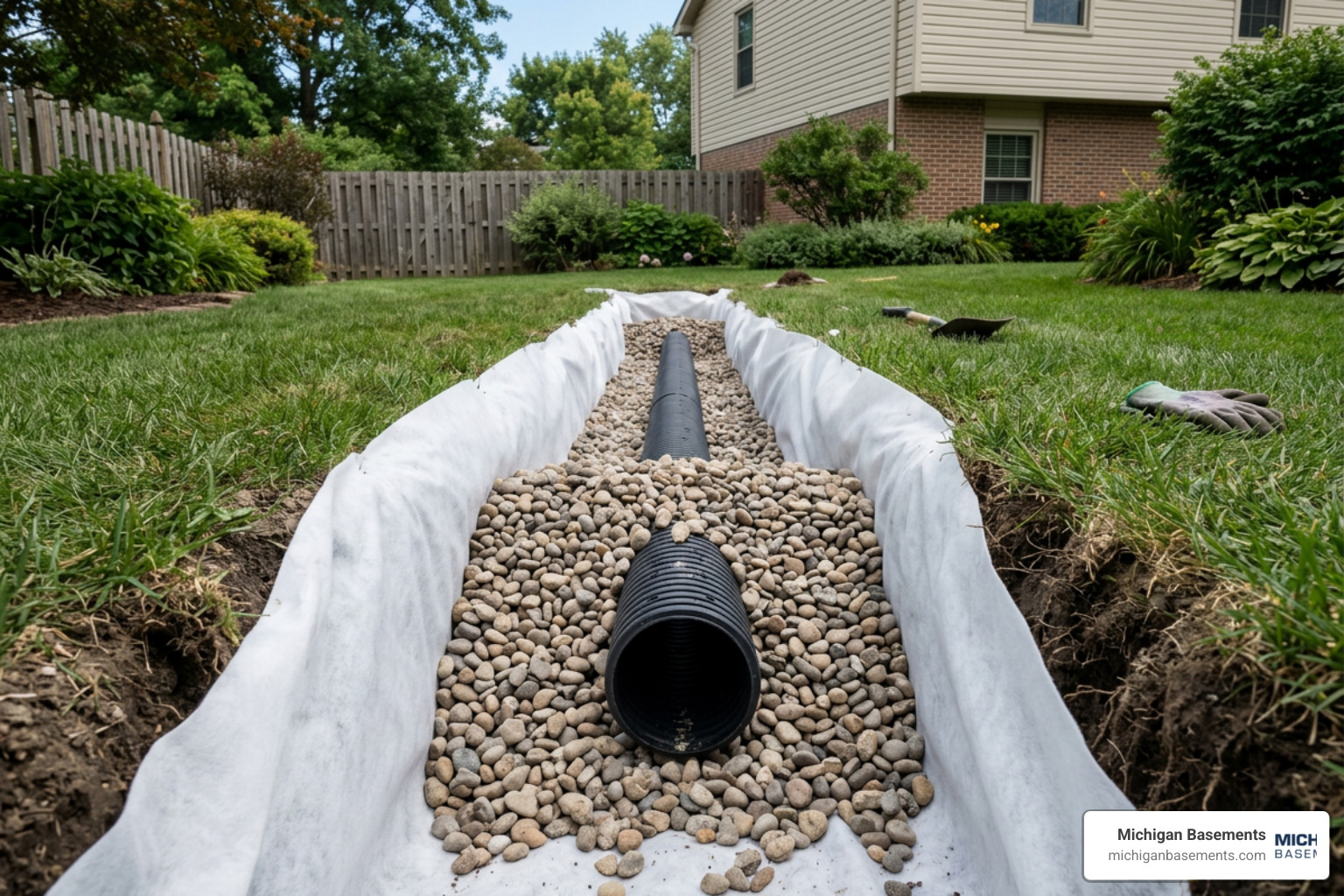 Trench lined with geotextile fabric and gravel