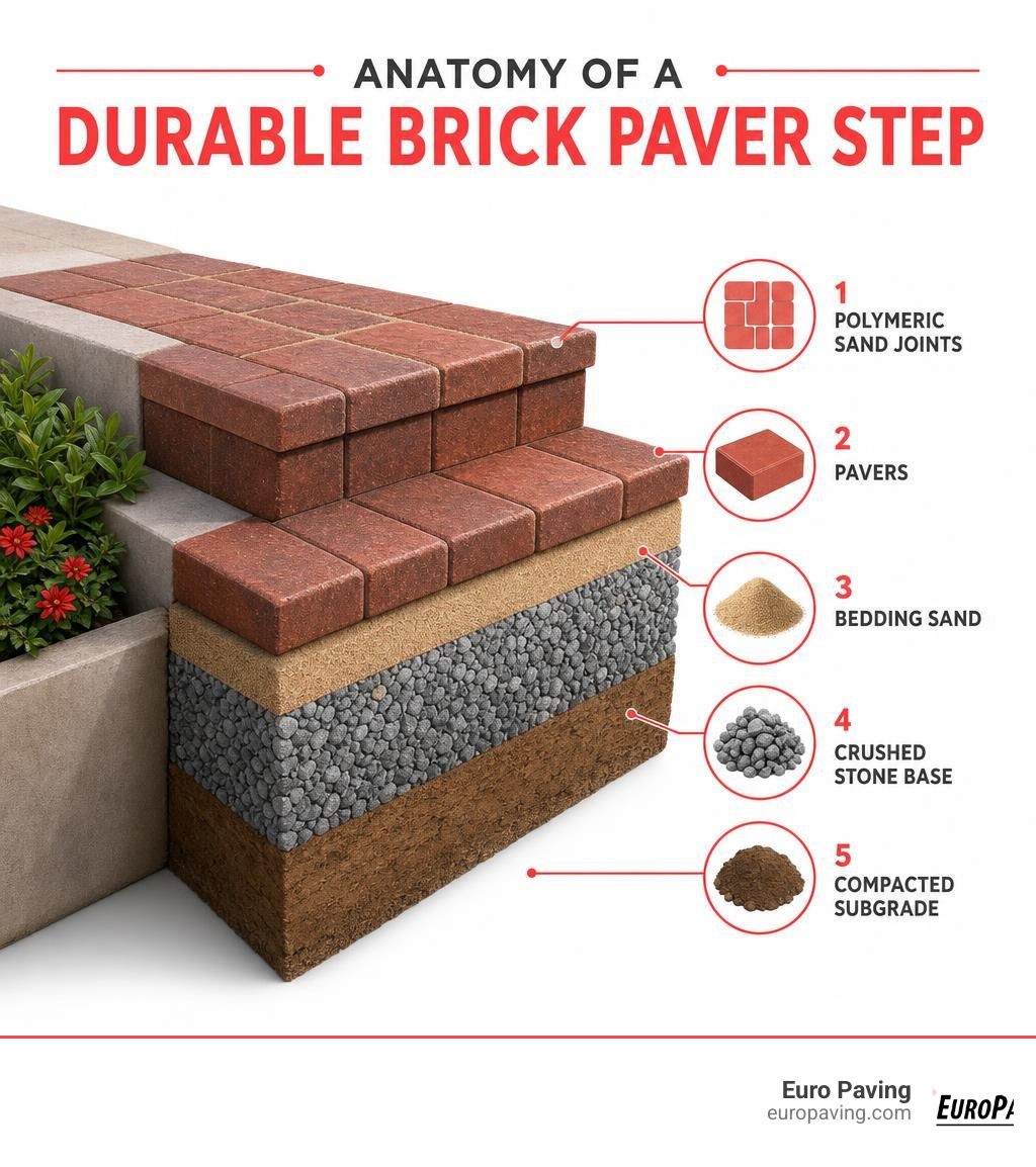 Anatomy of a durable brick paver step showing layers: compacted subgrade, crushed stone base, bedding sand, pavers, and