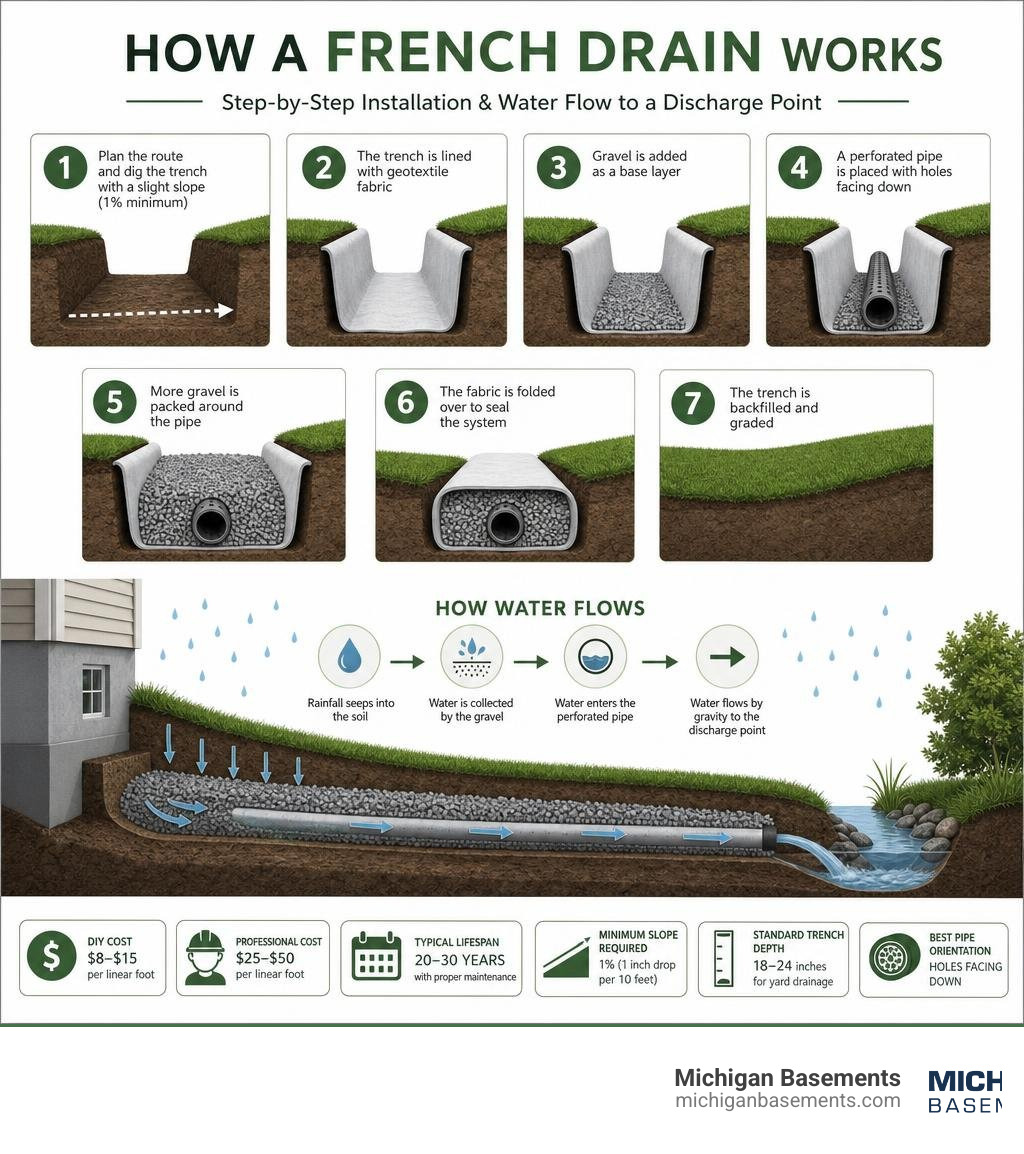Step-by-step infographic showing how a French drain redirects water from a yard to a discharge point infographic