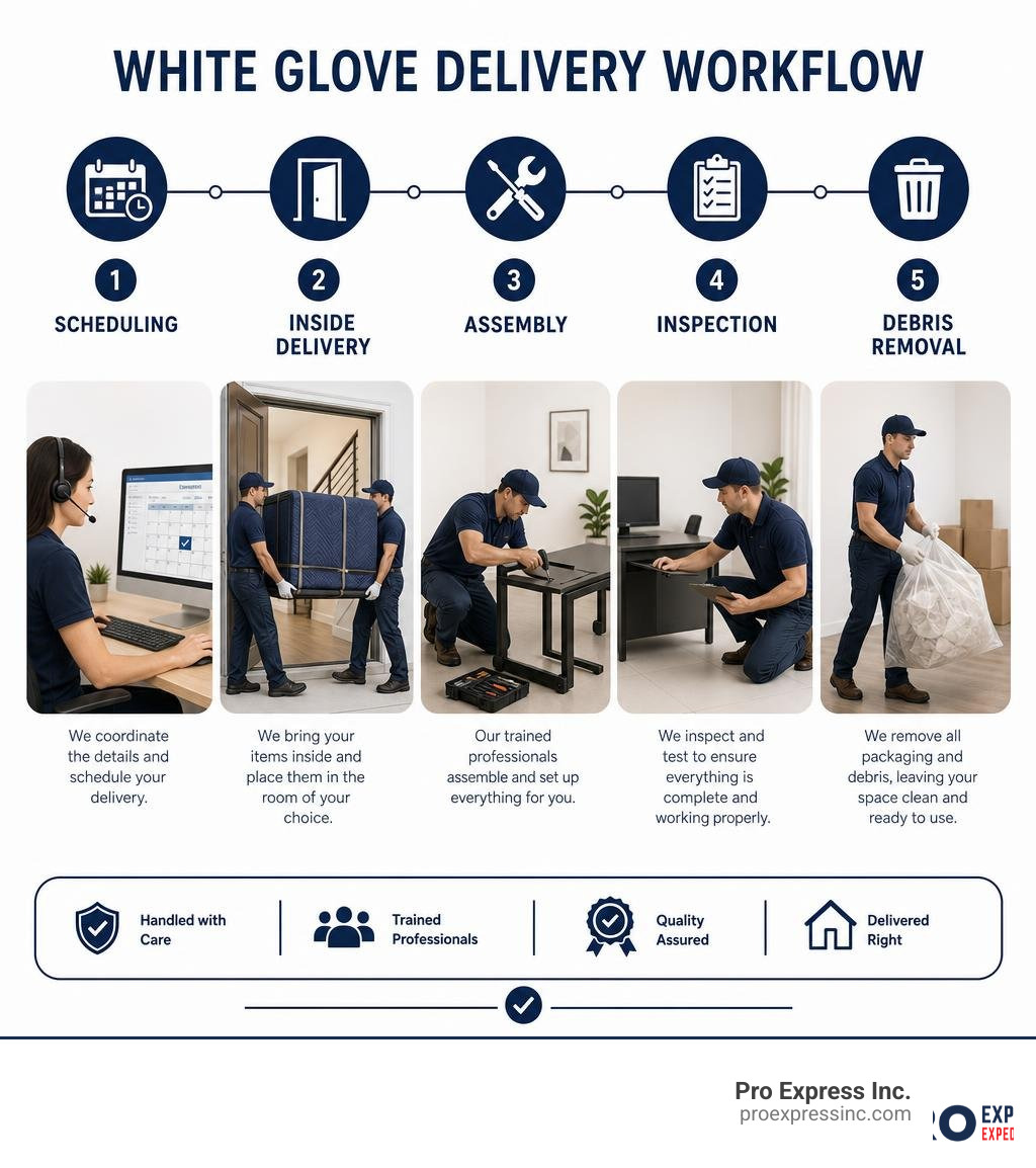 White glove delivery workflow: scheduling, inside delivery, assembly, inspection, debris removal infographic White glove delivery workflow: scheduling, inside delivery, assembly, inspection, debris removal infographic