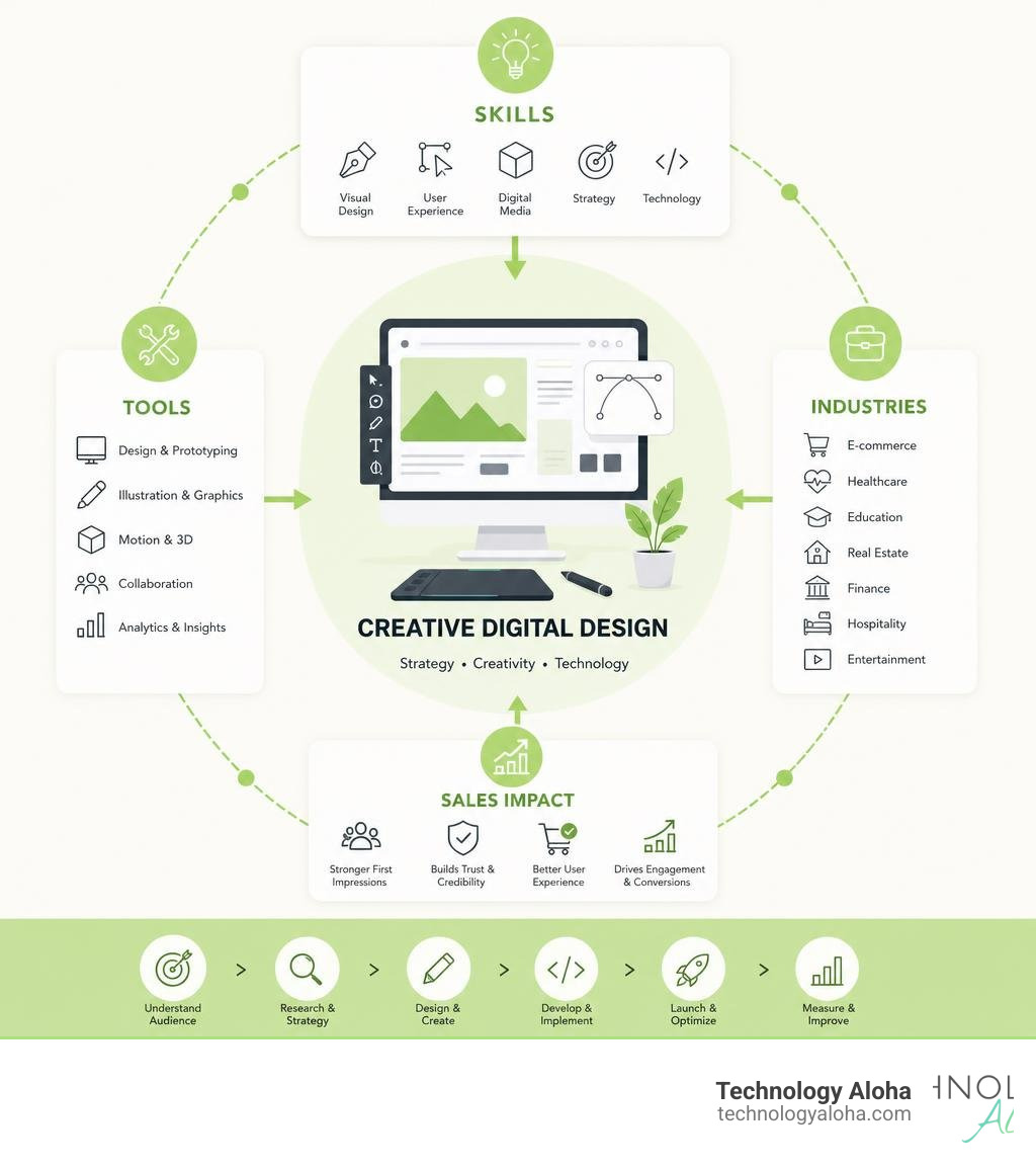 infographic showing the creative digital design ecosystem: skills, tools, industries, and sales impact infographic infographic showing the creative digital design ecosystem: skills, tools, industries, and sales impact infographic