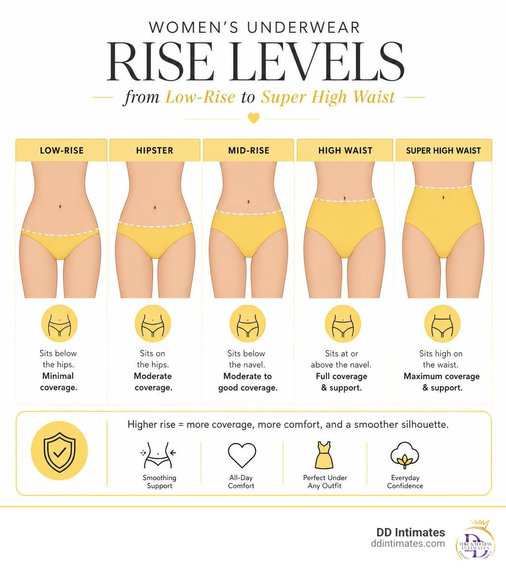 Infographic showing women's underwear rise levels from low-rise to super high waist with coverage descriptions infographic