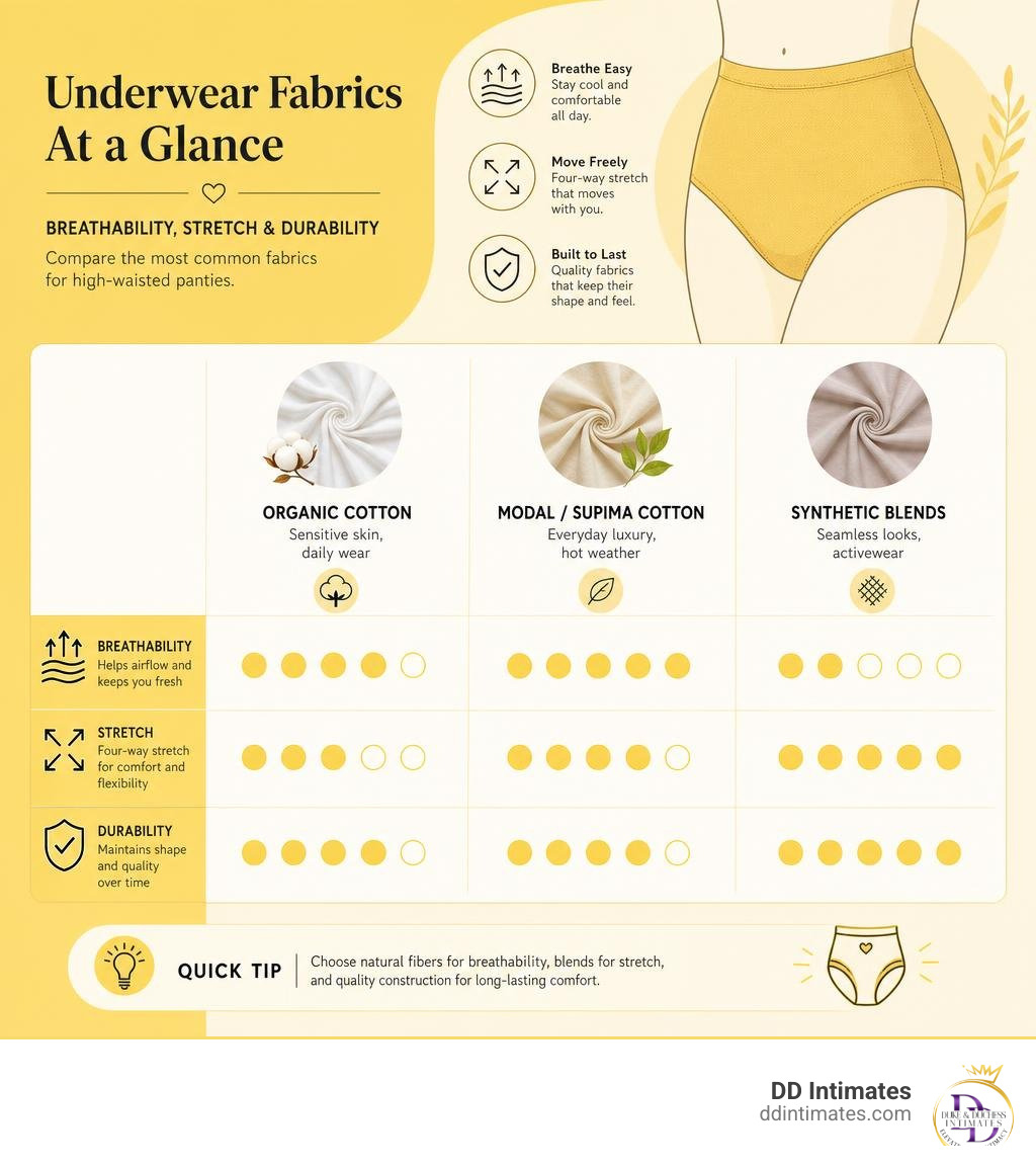 Infographic comparing material breathability stretch and durability for underwear fabrics infographic