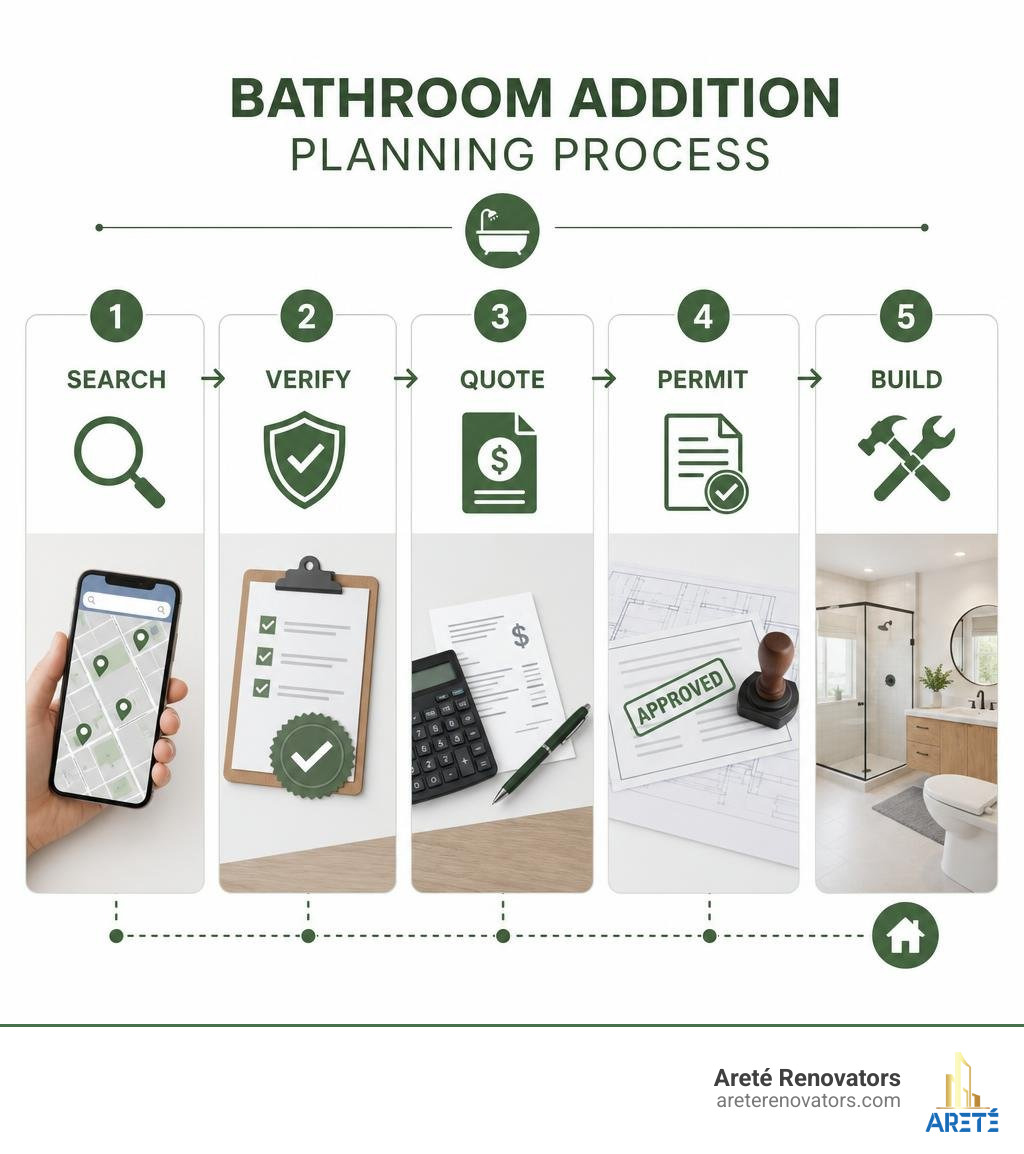 Bathroom addition planning process infographic: search, verify, quote, permit, build infographic