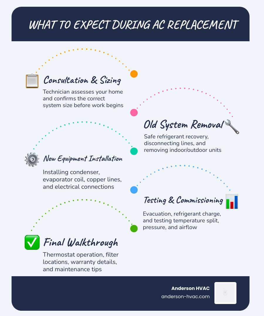 AC replacement process infographic showing 5 steps from old unit removal to final walkthrough with timeline infographic