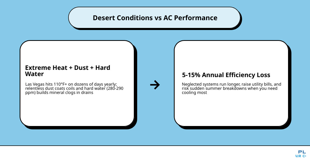 Infographic showing how Las Vegas extreme heat, desert dust, and hard water affect AC system performance and maintenance Infographic showing how Las Vegas extreme heat, desert dust, and hard water affect AC system performance and maintenance