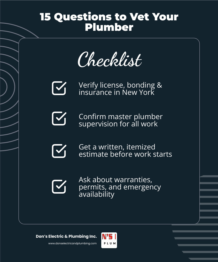 Checklist infographic showing 15 key questions to ask before hiring a plumber with red flag warnings infographic Checklist infographic showing 15 key questions to ask before hiring a plumber with red flag warnings infographic