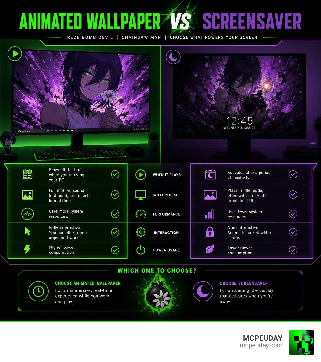 Animated wallpaper vs screensaver comparison infographic for Reze Bomb Devil Chainsaw Man MoeWalls UI infographic