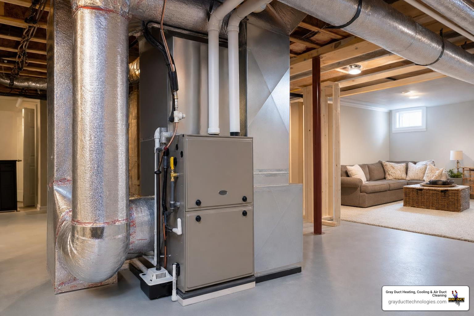 Modern high-efficiency HVAC system showing air sealing and clean ductwork in a Minnesota home basement Modern high-efficiency HVAC system showing air sealing and clean ductwork in a Minnesota home basement
