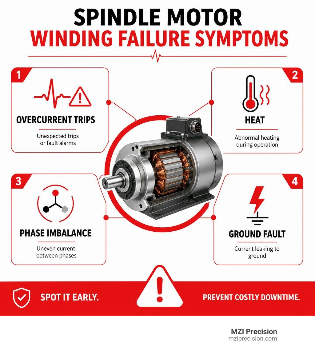 Spindle motor winding failure symptoms infographic: overcurrent trips, heat, phase imbalance, ground fault infographic Spindle motor winding failure symptoms infographic: overcurrent trips, heat, phase imbalance, ground fault infographic