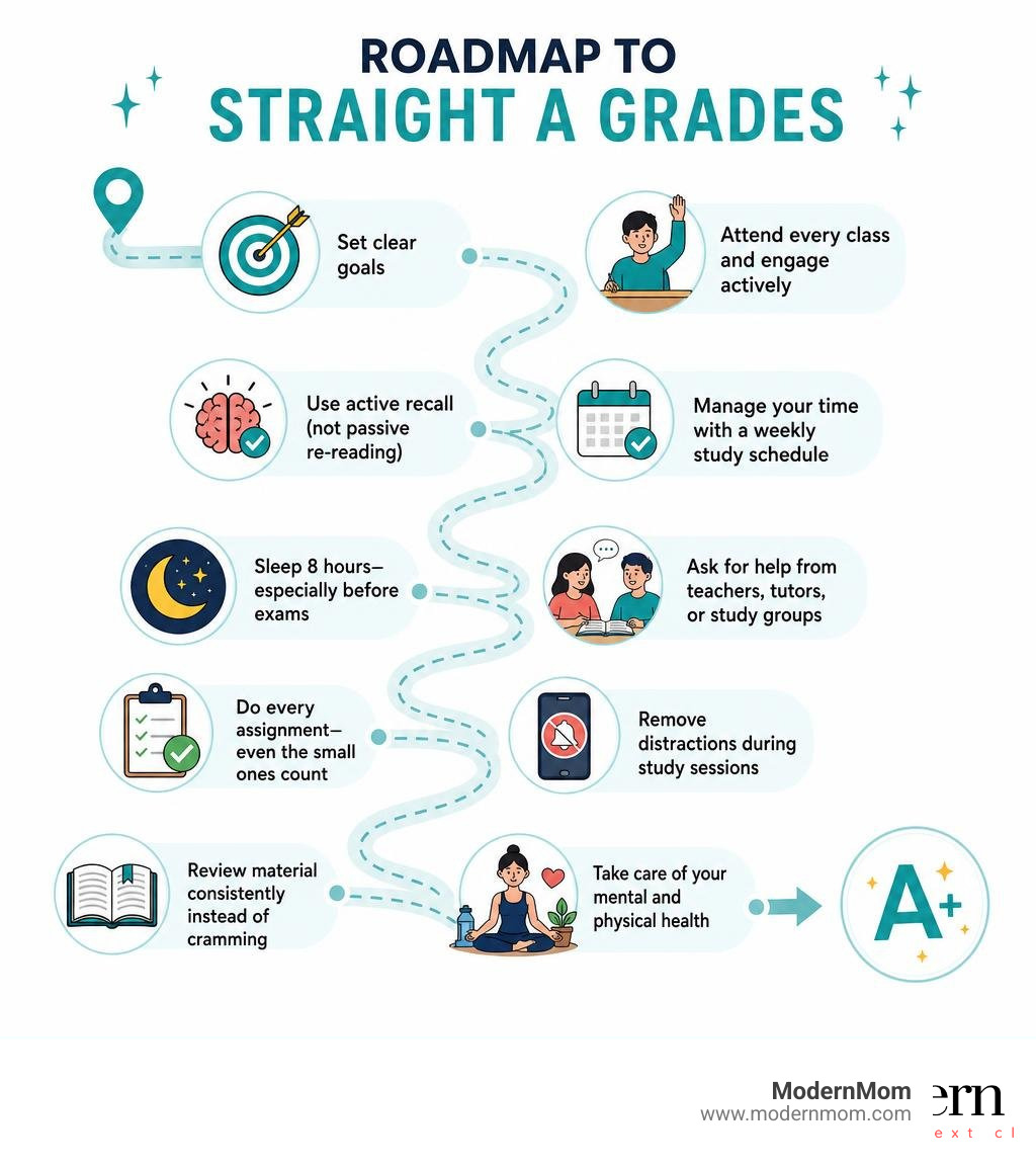 Roadmap infographic showing 10 unnumbered steps to achieving straight A grades from goal-setting to self-care infographic Roadmap infographic showing 10 unnumbered steps to achieving straight A grades from goal-setting to self-care infographic
