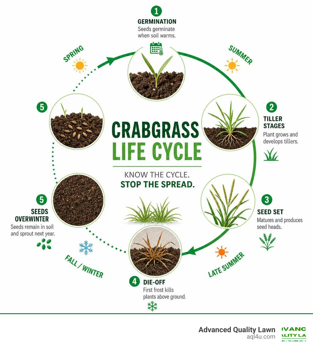 Crabgrass life cycle infographic showing germination, tiller stages, seed set, and die-off timeline infographic