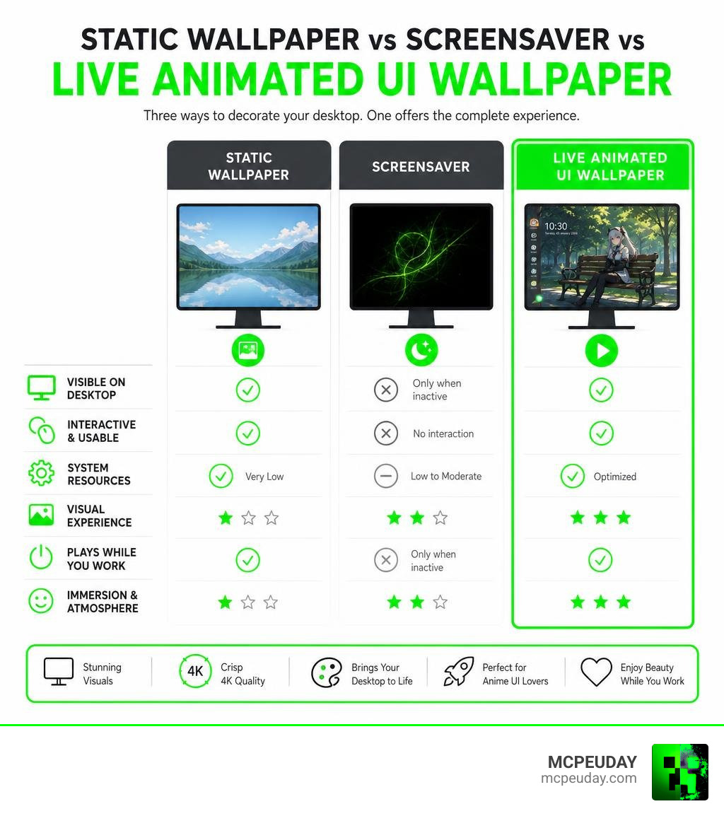 Infographic comparing static wallpaper, screensaver, and live animated UI wallpaper features infographic