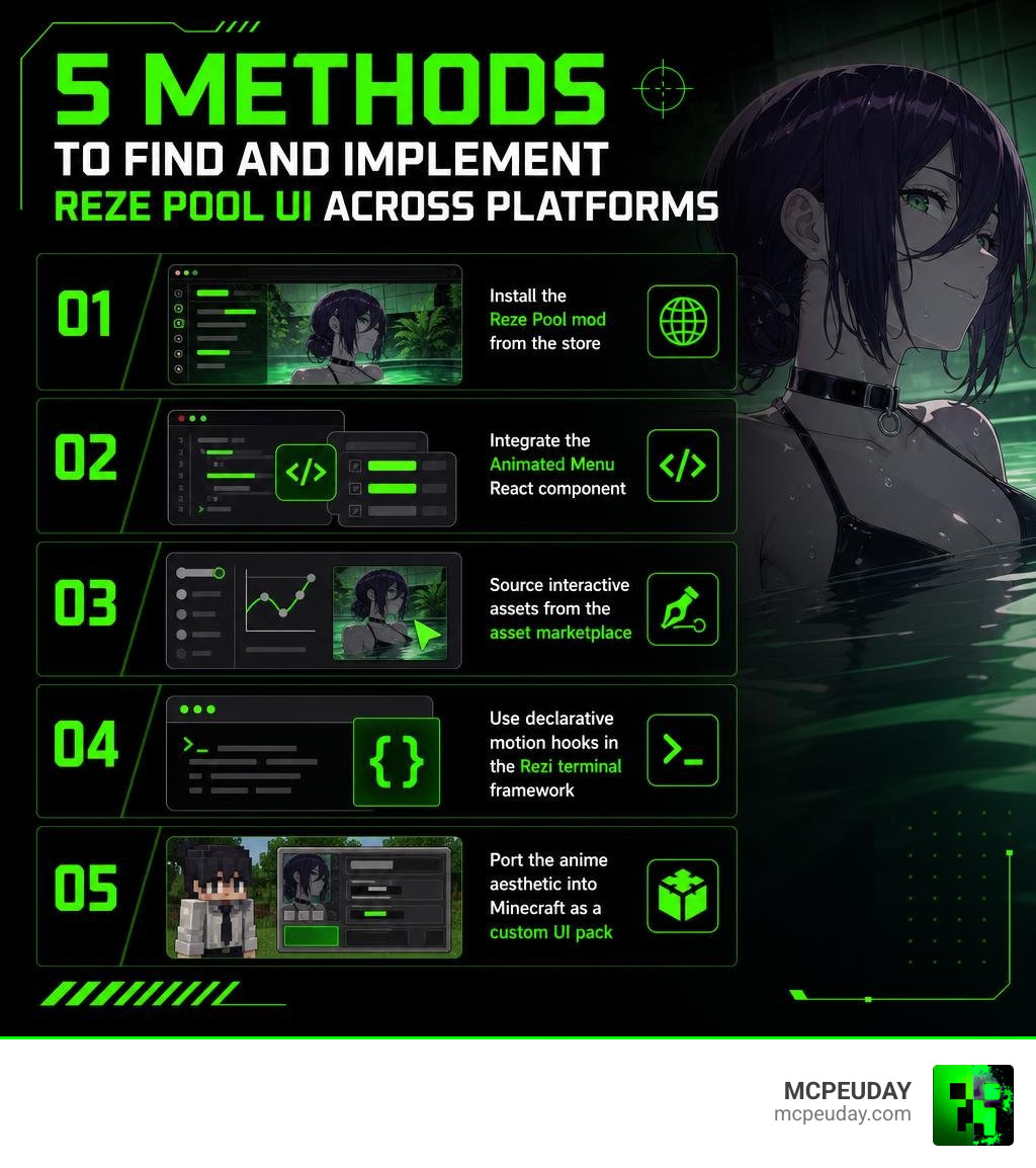 Infographic showing 5 methods to find and implement Reze Pool UI across platforms infographic