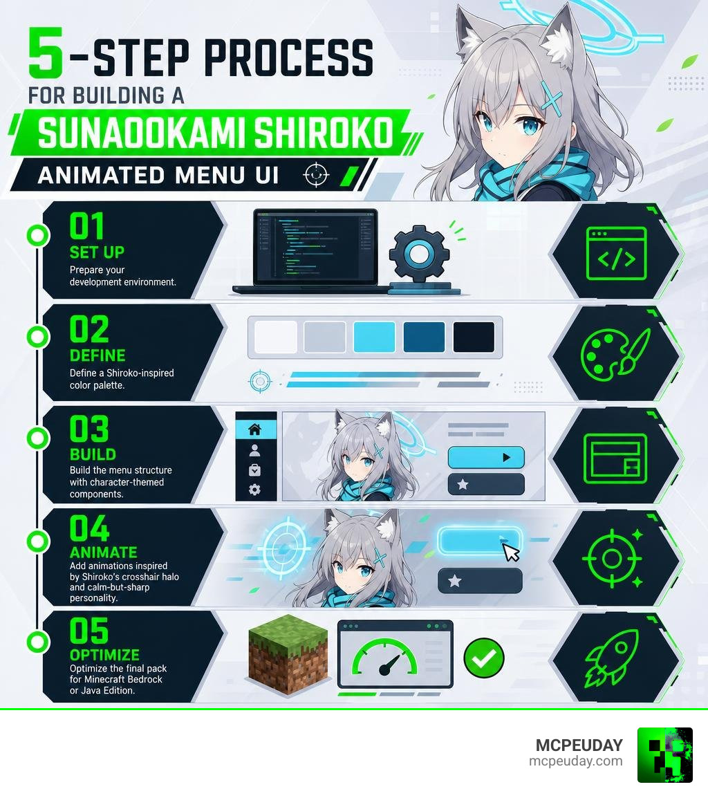 5-step process infographic for building a Sunaookami Shiroko animated menu UI infographic
