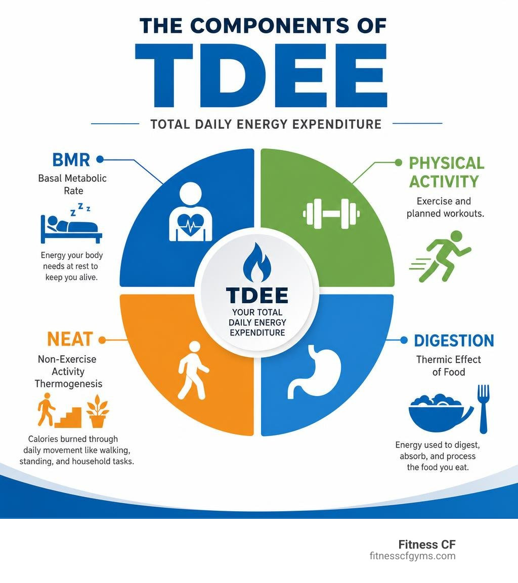 Infographic showing the components of Total Daily Energy Expenditure (TDEE) including BMR, physical activity, NEAT, and