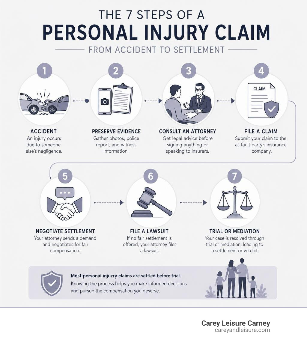 Personal injury claim process infographic showing 7 steps from accident to settlement infographic Personal injury claim process infographic showing 7 steps from accident to settlement infographic