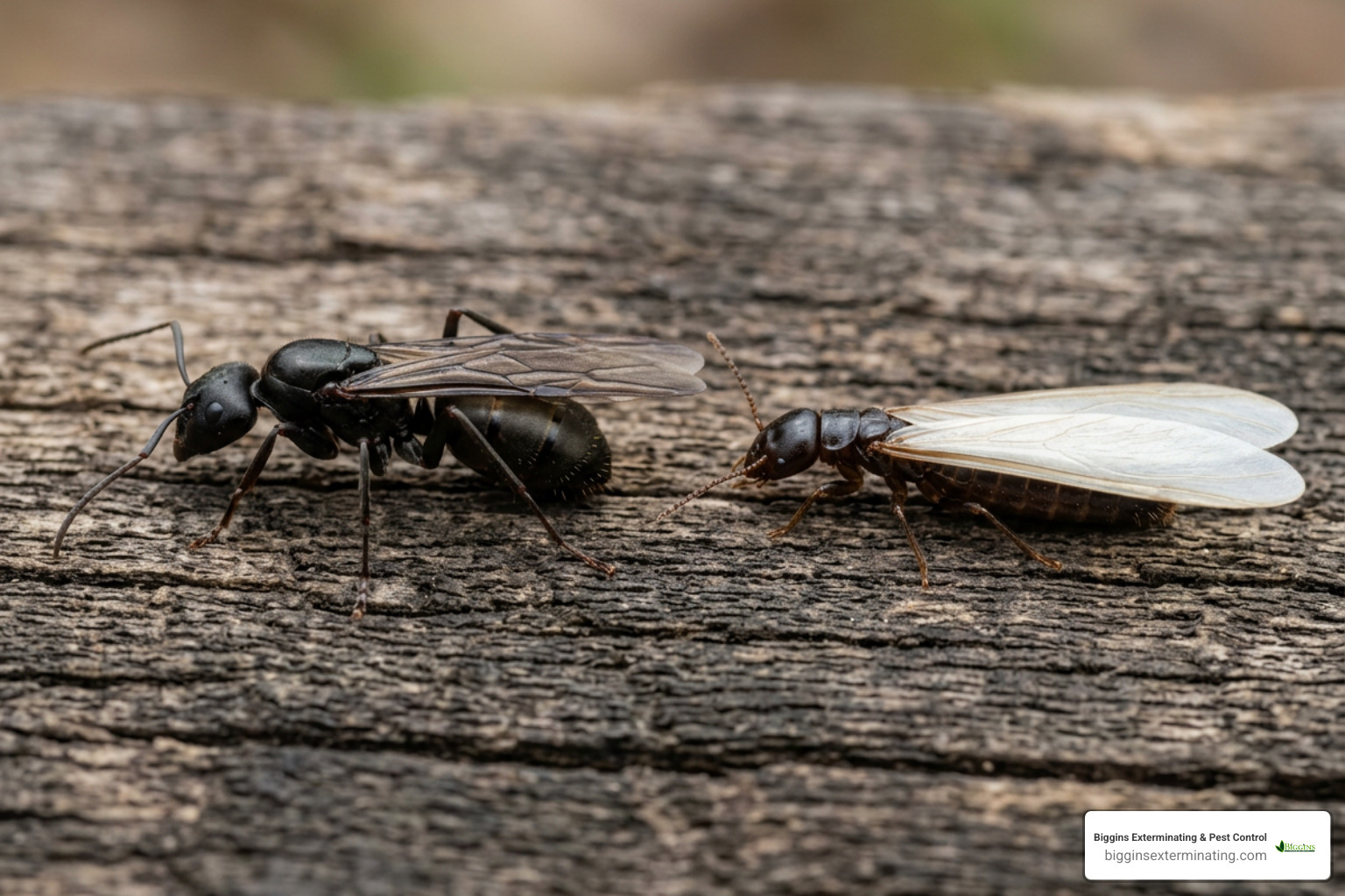 Comparison between flying carpenter ants and termites showing key differences in waist shape, antennae, and wing size Comparison between flying carpenter ants and termites showing key differences in waist shape, antennae, and wing size