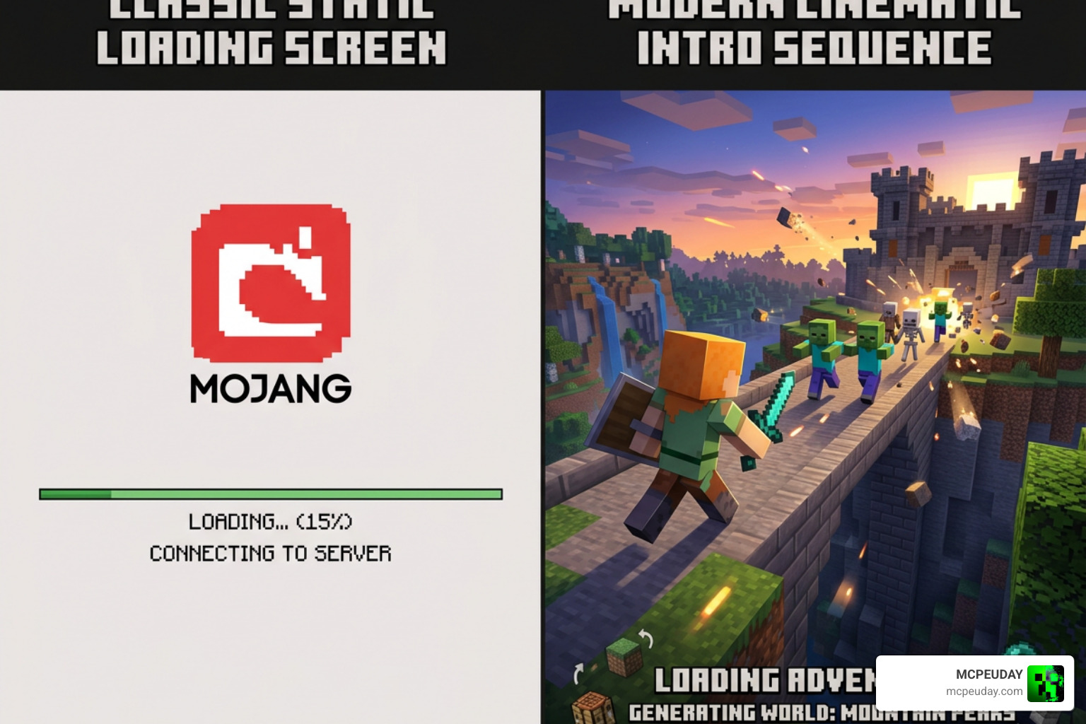A side-by-side comparison of the boring vanilla Minecraft loading screen versus the cinematic Re-imagined Intro GUI A side-by-side comparison of the boring vanilla Minecraft loading screen versus the cinematic Re-imagined Intro GUI