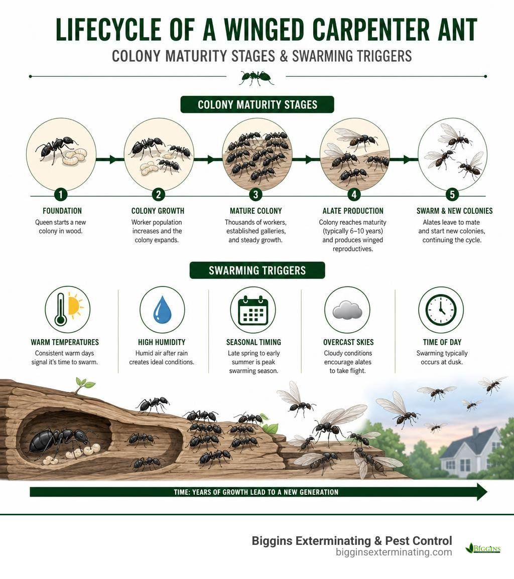 Lifecycle of a winged carpenter ant infographic showing colony maturity stages and swarming triggers infographic Lifecycle of a winged carpenter ant infographic showing colony maturity stages and swarming triggers infographic