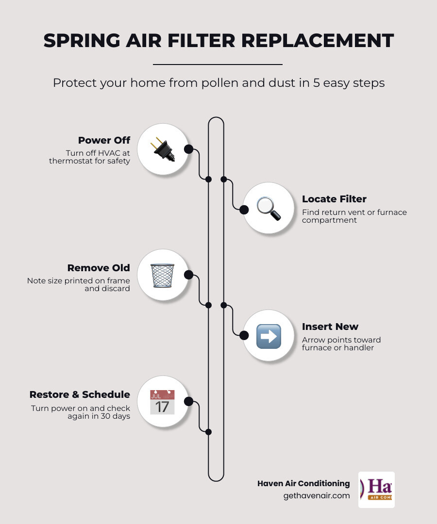 Spring air filter replacement guide infographic: 5 steps, filter types, MERV ratings, and replacement frequency infographic Spring air filter replacement guide infographic: 5 steps, filter types, MERV ratings, and replacement frequency infographic