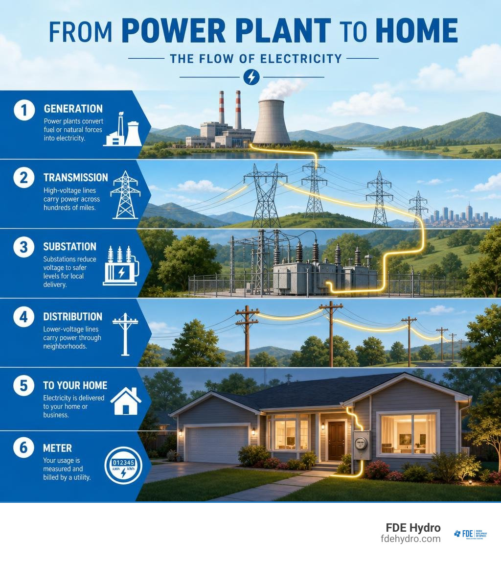Flow of electricity from power plant to home — generation, transmission, substations, distribution infographic