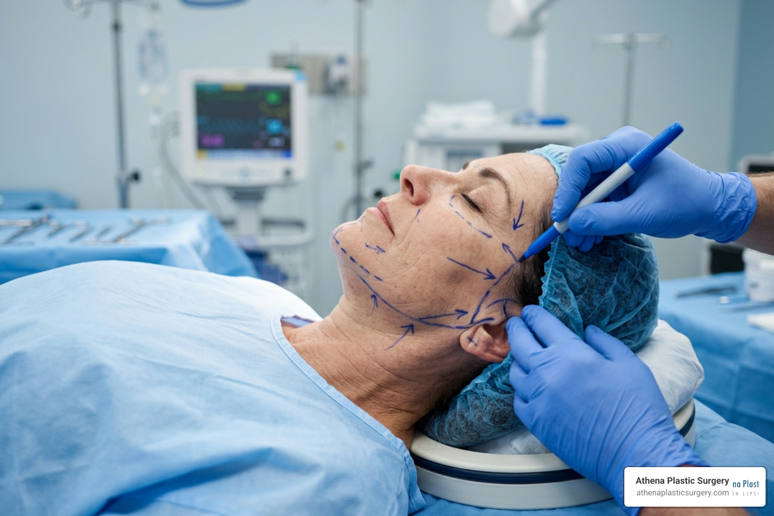 surgical planning markings being drawn on a patient's face before a mini facelift