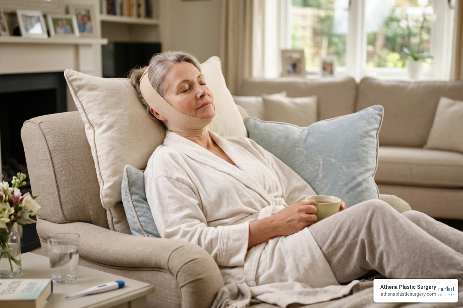 patient resting comfortably at home recovering from a mini facelift