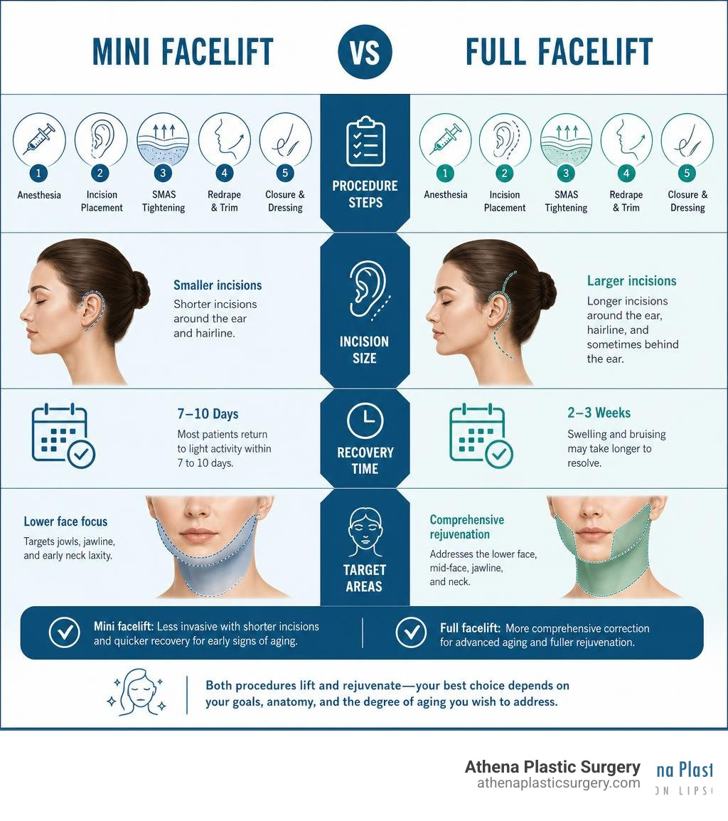 Mini facelift vs full facelift comparison infographic with procedure steps, incision size, recovery time, and target areas