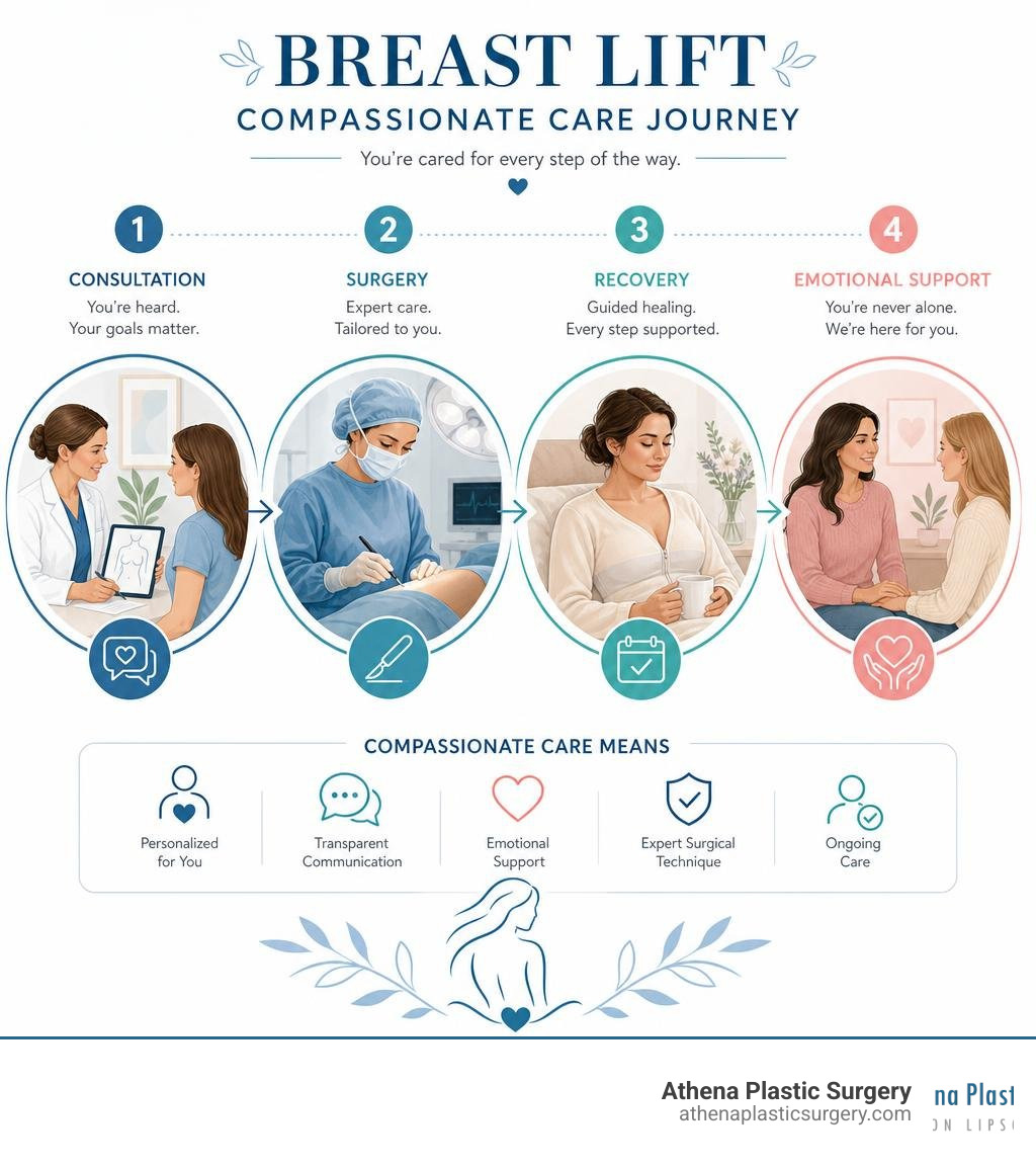 Breast lift compassionate care journey: consultation, surgery, recovery, and emotional support infographic infographic Breast lift compassionate care journey: consultation, surgery, recovery, and emotional support infographic infographic
