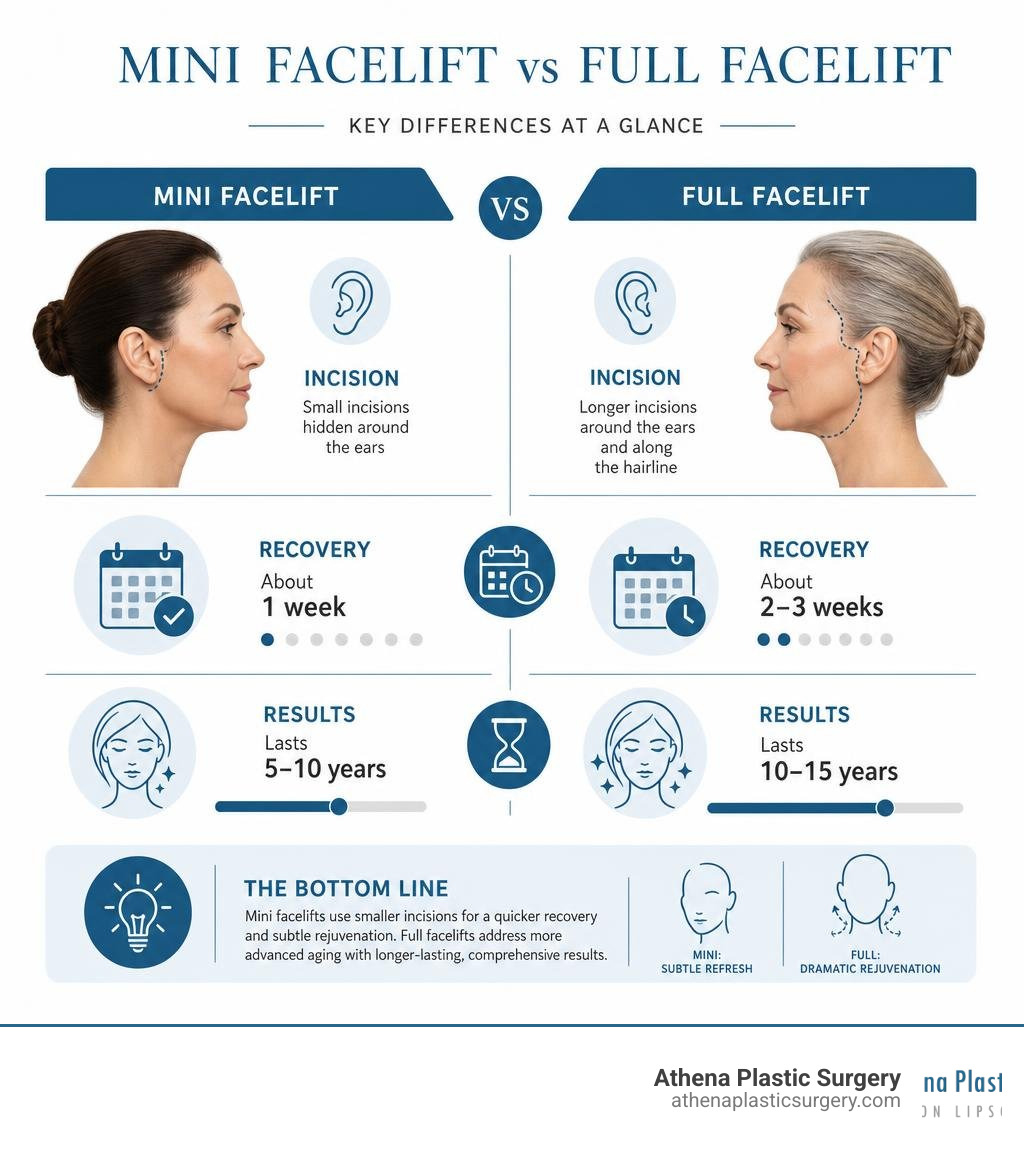 Mini facelift vs full facelift comparison infographic showing key differences in incision, recovery, and results infographic Mini facelift vs full facelift comparison infographic showing key differences in incision, recovery, and results infographic