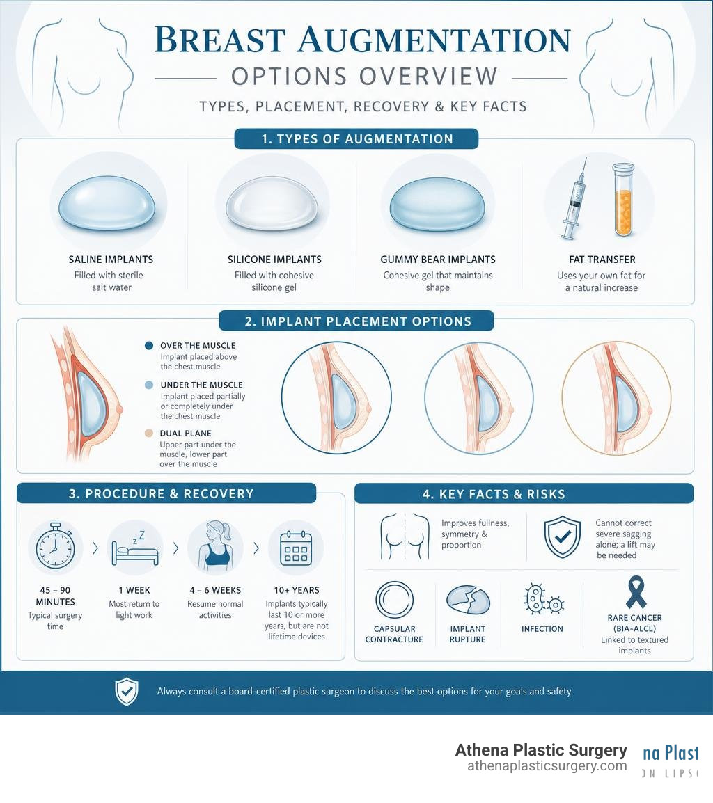 Breast augmentation options overview infographic: types, placement, recovery, and key facts infographic