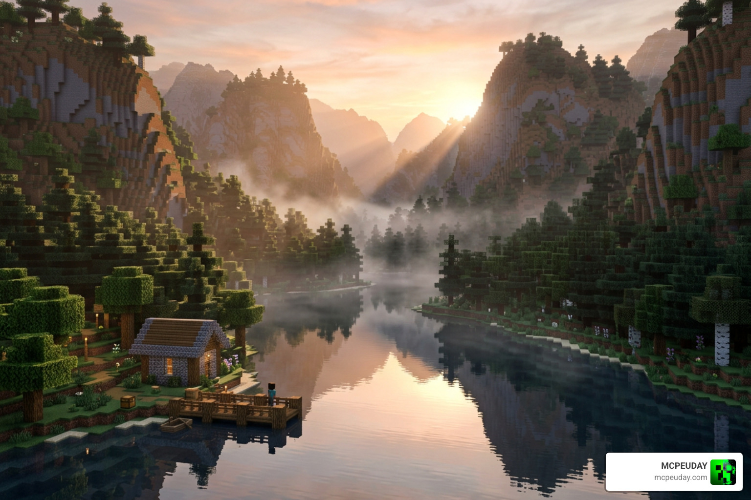 Realistic water reflections and volumetric fog in Minecraft Bedrock