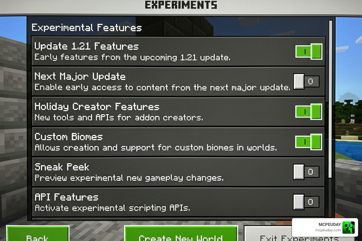 Minecraft Bedrock experimental settings menu toggle Minecraft Bedrock experimental settings menu toggle