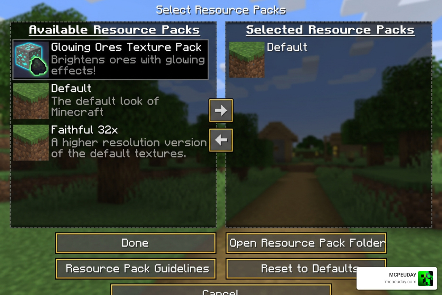 Minecraft resource pack settings menu showing active texture packs Minecraft resource pack settings menu showing active texture packs